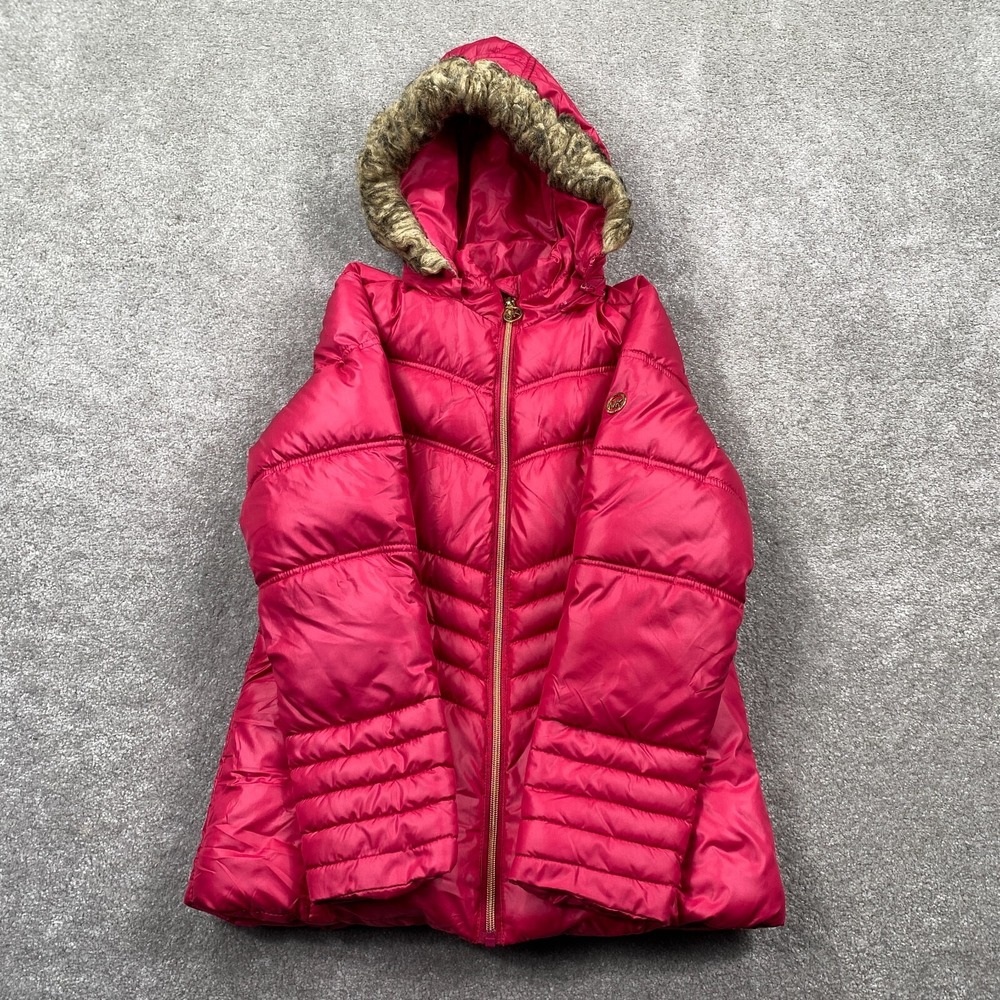 Michael Kors Puffer Jacket Girls Size 14 Hot Pink Faux Fur Hooded Full Zip Coat